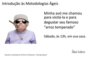 Introdução às Metodologias Ágeis

                                                                 Minha avó me chamou
                                                                 para visitá-­‐la  e  para
                                                                 degustar seu famoso
                                                                 “arroz temperado”

                                                                 Sábado, às 13h, em sua casa.




 Baseado na explicação de Guilherme Chapiewski -­‐  http://gc.blog.br/
 