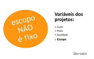 Variáveis dos
projetos:
 Custo
 Prazo
 Qualidade

   Escopo
 