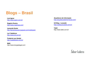 Blogs – Brasil
Luiz Agner                                      Arquitetura de informação
http://www.agner.com.br/                        http://arquiteturadeinformacao.com/

Rogério Pereira                                 UX Blog - Locaweb
http://www.rogeriopa.com/                       http://uxblog.locaweb.com.br/

Leonardo Xavier                                 Talk2
http://leonardoxavier.typepad.com/mobilizado/   http://www.talk2.com.br/

Luli Radfahrer
http://www.luli.com.br/

Frederick van Amstel
http://usabilidoido.com.br/

MAQ
http://www.bengalalegal.com/
 