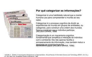 Por quê categorizar as informações?
                                                     Categorizar é uma habilidade natural que a mente
                                                     humana usa para compreender o mundo ao seu
                                                     redor.
                                                     Categorizar é o processo cognitivo de dividir as
                                                     experiências do mundo em grupos de entidades, ou
                                                     categorias, para construir uma ordem dos mundos
                                                     físico e social em que o individuo participa.
                                                     JACOB e SHAW, 1998

                                                     Categorização é um mecanismo cognitivo
                                                     fundamental que simplifica a interação do indivíduo
                                                     com o ambiente: Ela não apenas facilita o
                                                     armazenamento da informação, mas também reduz a
                                                     demanda da(apud JACOB e SHAW, 1998)
                                                     MARKMAN memória humana.



* JACOB, E. ; SHAW, D. Sociocognitive Perspectives on Representation. Annual Review of Information Science and Technology (ARIST). Vol. 33, p.
131-185, New York: Knowledge Industry Publications, 1988.
 