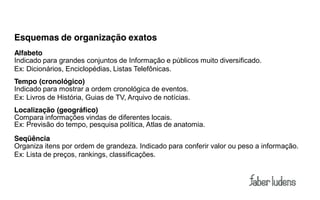 Esquemas de organização exatos
Alfabeto
Indicado para grandes conjuntos de Informação e públicos muito diversificado.
Ex: Dicionários, Enciclopédias, Listas Telefônicas.
Tempo (cronológico)
Indicado para mostrar a ordem cronológica de eventos.
Ex: Livros de História, Guias de TV, Arquivo de notícias.
Localização (geográfico)
Compara informações vindas de diferentes locais.
Ex: Previsão do tempo, pesquisa política, Atlas de anatomia.
Seqüência
Organiza itens por ordem de grandeza. Indicado para conferir valor ou peso a informação.
Ex: Lista de preços, rankings, classificações.
 