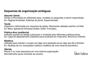 Esquemas de organização ambíguos
Assunto (tema)
Divide a informação em diferentes tipos, modelos ou perguntas a serem respondidas.
Ex: Páginas Amarelas, Editorias do jornal, Supermercado.
Tarefa
Organiza a informação em conjuntos de ações. Raramente utilizado sozinho na Web.
Ex: Menu aplicativos Windows (Editar, Exibir, Formatar).
Público-Alvo (audiência)
Indicado quando se deseja customizar o conteúdo para diferentes públicos-alvos.
Ex: Lojas de departamento (classifica seus produtos em masculino, feminino e infantil).
Metáfora
Utilizado para orientar o usuário em algo novo baseado-se em algo que lhe é familiar.
Ex: Desktop de um computador (utiliza a metáfora de uma mesa de escritório).
Híbrido
Reúne 2 ou mais esquemas em uma mesma organização.
Normalmente causa confusão ao usuário.
 