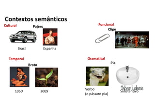 Contextos semânticos
Cultural                                       Funcional
                      Pajero
                                                     Clipe



           Brasil            Espanha

   Temporal                             Gramatical
                                                         Pia
                    Broto




                                       Verbo
      1960                  2009                               Substantivo
                                       (o pássaro pia)
 