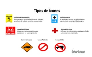 Tipos de Ícones
Ícones Diretos ou literais                                   Ícones indiretos
Representam o conceito literalmente, mostram                 Se apropriam de uma parte do conceito
uma figura do próprio conceito representado.                 representado na composição do signo.




    Ícones metafóricos                                        Signos arbitrários
    Utilizam um outro conceito ou ato                         Definidos formalmente sem qualquer relação
    relacionado ao que respresenta.                           natural com seu significado.



          Ícones Concretos          Ícones Abstratos   Ícones Mistos
 