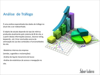 Análise**de*Tráfego
É*uma*análise*especializada*dos*dados*de*tráfego*no*
atual*site*a*ser*redesenhado.*

!

O*objeto*de*estudo*depende*do*tipo*de*métrica*
produzida*atualmente*pelo*sistema*de*BI*do*site,*e*
a*partir*destas*informações*(acesso*,*bounce*rating,*
keywords...etc*)*tirar*conclusões*acerca*da*
otimização*do*uso*dos*conteúdos*e*funcionalidades*
do*site.*

!

;Relatórios*internos*da*empresa 
(vendas,*sugestões*e*reclamações)*
;Análise*do*log*do*mecanismo*de*busca*
;Análise*de*estatísticas*de*acesso*e*navegação*no*
site.*
 

!

 
