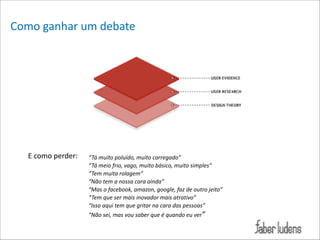 Como*ganhar*um*debate*

E*como*perder:*

“Tá$muito$poluído,$muito$carregado”$
“Tá$meio$frio,$vago,$muito$básico,$muito$simples”$
“Tem$muita$rolagem”$
“Não$tem$a$nossa$cara$ainda”$
“Mas$o$facebook,$amazon,$google,$faz$de$outro$jeito”$
“Tem$que$ser$mais$inovador$mais$atrativo”$
“Isso$aqui$tem$que$gritar$na$cara$das$pessoas”$
“Não$sei,$mas$vou$saber$que$é$quando$eu$ver”$

 