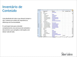 Inventário de
Conteúdo
Lista*detalhada*de*tudo*o*que*deverá*compor*o*
site*/*sistema*em*ordem*de*importância*e*
diferenças*de*funcionalidade.*

!

É*o*principal*meio*para*entender*
completamente*uma*estrutura*de*conteúdo*e*
documentar*suas*variações*e*derivações*sem*
deixar*nada*de*lado.*

 

!

 