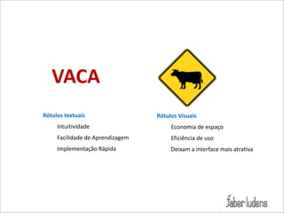 VACA
Rótulos)textuais)

Rótulos)Visuais)

Intuitividade((

Economia(de(espaço((

Facilidade(de(Aprendizagem((

Eficiência(de(uso((

Implementação(Rápida

Deixam(a(interface(mais(atrativa

 