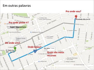 Em(outras(palavras
Pra)onde)vou?

Pra)onde)posso)ir?
Super)Vegetariano

De)onde)vim?
Onde)Estou?
Quais)são)meus)
recursos)

 