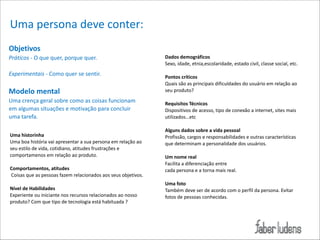 Uma*persona*deve*conter:
Objetivos(((
Práticos*;*O*que*quer,*porque*quer.*

!

Experimentais*;*Como*quer*se*sentir.**

Dados(demográficos**
Sexo,*idade,*etnia,escolaridade,*estado*civil,*classe*social,*etc.*

!

Modelo(mental(((

Pontos(críticos(
Quais*são*as*principais*dificuldades*do*usuário*em*relação*ao*
seu*produto?*

Uma*crença*geral*sobre*como*as*coisas*funcionam*
em*algumas*situações*e*motivação*para*concluir*
uma*tarefa.

Requisitos(Técnicos((
Dispositivos*de*acesso,*tipo*de*conexão*a*internet,*sites*mais*
utilizados…etc(

Uma(historinha(
Uma*boa*história*vai*apresentar*a*sua*persona*em*relação*ao*
seu*estilo*de*vida,*cotidiano,*atitudes*frustrações*e*
comportamenos*em*relação*ao*produto.*

!

Comportamentos,(atitudes(
*Coisas*que*as*pessoas*fazem*relacionados*aos*seus*objetivos.*

!

Nível(de(Habilidades(
Experiente*ou*iniciante*nos*recursos*relacionados*ao*nosso*
produto?*Com*que*tipo*de*tecnologia*está*habituada*?*

!

!

!

Alguns(dados(sobre(a(vida(pessoal(
Profissão,*cargos*e*responsabilidades*e*outras*características*
que*determinam*a*personalidade*dos*usuários.*

!

Um(nome(real(
Facilita*a*diferenciação*entre 
cada*persona*e*a*torna*mais*real.**

!

Uma(foto(*
Também*deve*ser*de*acordo*com*o*perfil*da*persona.*Evitar*
fotos*de*pessoas*conhecidas.*

 