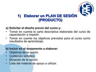 Elaborar un PLAN DE SESIÓN (PRODUCTO) a)   Solicitar el diseño previo del curso y: Tomar en cuenta la carta descriptiva elaborada del curso de capacitación a impartir. Tomar en cuenta los objetivos previstos para el curso como resultados de aprendizaje. b)   Incluir en el documento a elaborar: Objetivos de la sesión. Contenido temático. Duración de la sesión. Lista del material de apoyo a utilizar. 