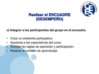 Realizar el ENCUADRE (DESEMPEÑO) c)   Integrar a los participantes del grupo en el encuadre. Crear un ambiente participativo. Ajustarse a las expectativas del curso. Acordar las reglas de operación y participación. Realizar el contrato de aprendizaje. 