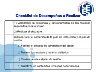 Checklist de Desempeños a Realizar 1) Comprobar la existencia y funcionamiento de los recursos requeridos para la sesión. 2) Realizar el encuadre. 3) Desarrollar el contenido de la guía de instrucción y el plan de sesión: a) Facilitar el proceso de aprendizaje del grupo.  b) Manejar los equipos y material didáctico.  c) Realizar ajustes al plan de sesión. d) Sintetizar los contenidos temáticos desarrollados. 