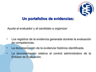 Un portafolios de evidencias: Ayuda  al evaluador y al candidato a   organizar: Los registros de la evidencia generada  durante  la evaluación de competencias. La documentación de la evidencia histórica identificada. La documentación relativa al control  administrativo  de la Entidad de Evaluación. 