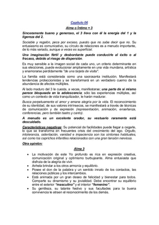 Capítulo 06
Alma o Íntimo = 3
Sinceramente bueno y generoso, el 3 lleva con él la energía del 1 y la
ligereza del 2.
Sociable y regalón, peca por exceso, puesto que no sabe decir que no. Su
entusiasmo es comunicativo, su círculo de relaciones es a menudo importante,
de lo más variado, aunque a veces es superficial.
Una imaginación fértil y desbordante puede conducirle al éxito o al
fracaso, debido al riesgo de dispersión.
Es muy sensible a la imagen social de cada uno, un criterio determinante en
sus elecciones, puede evolucionar ampliamente en una vida mundana, artística
y enamorarse perdidamente "de una tarjeta de visita".
La familia está considerada como una sacrosanta institución. Manifestará
tendencias proteccionistas y se transformará en un verdadero cuerno de la
abundancia de afectos múltiples.
Al lado maduro del 3 le cuesta, a veces, manifestarse; una parte de sí mismo
parece bloqueada en la adolescencia; sólo las experiencias múltiples, así
como un contexto de vida tranquilizador, le harán madurar.
Busca perpetuamente el amor y emana alegría por la vida. El reconocimiento
de su identidad, de sus valores intrínsecos, se manifestará a través de técnicas
de comunicación y de expresión (representación, animación, enseñanza,
conferencias, pero también teatro y canto).
A menudo es un excelente orador, su vestuario raramente está
descuidado.
Características negativas: Su potencial de facilidades puede llegar a cegarle,
lo que se transforma en frecuentes crisis del crecimiento del ego. Orgullo,
intolerancia, ostentación, vanidad e impaciencia son los síntomas habituales,
así como los caprichos infantiles relacionados con una gran tensión nerviosa.
Otra opinión:
Alma 3
· motivación de este Yo profundo es rica en expresión creativa,
La
comunicación original y optimismo burbujeante. Alma entusiasta que
disfruta de la alegría de vivir.
·
Anhela brindar a los otros armonía y equilibrio.
·
Posee el don de la palabra y un sentido innato de los contactos, las
relaciones públicas y los intercambios.
· animada por un gran deseo de felicidad y bienestar para todos.
Está
Comparte su dinamismo y su jovialidad. Debe encontrar su equilibrio
entre el exterior “masculino” y el interior “femenino”.
· gentileza, su talante festivo y sus facultades para la buena
Su
convivencia le atraen el reconocimiento de los demás.

 