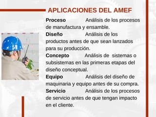 Proceso Análisis de los procesos
de manufactura y ensamble.
Diseño Análisis de los
productos antes de que sean lanzados
para su producción.
Concepto Análisis de sistemas o
subsistemas en las primeras etapas del
diseño conceptual.
Equipo Análisis del diseño de
maquinaria y equipo antes de su compra.
Servicio Análisis de los procesos
de servicio antes de que tengan impacto
en el cliente.
APLICACIONES DEL AMEF
 