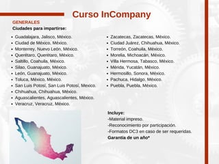 Guadalajara, Jalisco, México.
Ciudad de México, México.
Monterrey, Nuevo León, México.
Querétaro, Querétaro, México.
Saltillo, Coahuila, México.
Silao, Guanajuato, México.
León, Guanajuato, México.
Toluca, México, México.
San Luis Potosí, San Luis Potosí, Mexico.
Chihuahua, Chihuahua, México.
Aguascalientes, Aguascalientes, México.
Veracruz, Veracruz, México.
Curso InCompany
Incluye:
-Material impreso.
-Reconocimiento por participación.
-Formatos DC3 en caso de ser requeridas.
Garantía de un año*
Zacatecas, Zacatecas, México.
Ciudad Juárez, Chihuahua, México.
Torreón, Coahuila, México.
Morelia, Michoacán, México.
Villa Hermosa, Tabasco, México.
Mérida, Yucatán, México.
Hermosillo, Sonora, México.
Pachuca, Hidalgo, México.
Puebla, Puebla, México.
GENERALES
Ciudades para impartirse:
 