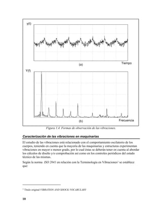 y(t)




                                            (a)                              Tiempo

     Y(f)




                                            (b)                             Frecuencia

                    Figura 1.4. Formas de observación de las vibraciones.

Caracterización de las vibraciones en maquinarias
El estudio de las vibraciones está relacionado con el comportamiento oscilatorio de los
cuerpos, teniendo en cuenta que la mayoría de las maquinarias y estructuras experimentan
vibraciones en mayor o menor grado, por lo cual éstas se deberán tener en cuenta al abordar
los cálculos de diseño y/o comprobación así como en los controles periódicos del estado
técnico de las mismas.
Según la norma ISO 2041 en relación con la Terminología en Vibraciones1 se establece
que:




1   Título original VIBRATION AND SHOCK VOCABULARY


10
 