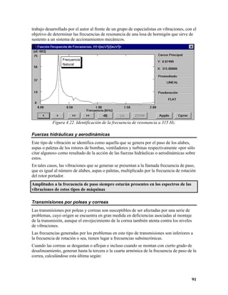 trabajo desarrollado por el autor al frente de un grupo de especialistas en vibraciones, con el
objetivo de determinar las frecuencias de resonancia de una losa de hormigón que sirve de
sustento a un sistema de accionamientos mecánicos.



                 Frecuencia
                 Natural




            Figura 4.22. Identificación de la frecuencia de resonancia a 315 Hz.

Fuerzas hidráulicas y aerodinámicas
Este tipo de vibración se identifica como aquella que se genera por el paso de los alabes,
aspas o paletas de los rotores de bombas, ventiladores y turbinas respectivamente «por sólo
citar algunos» como resultado de la acción de las fuerzas hidráulicas o aerodinámicas sobre
estos.
En tales casos, las vibraciones que se generan se presentan a la llamada frecuencia de paso,
que es igual al número de alabes, aspas o paletas, multiplicado por la frecuencia de rotación
del rotor portador.
Amplitudes a la frecuencia de paso siempre estarán presentes en los espectros de las
vibraciones de estos tipos de máquinas

Transmisiones por poleas y correas
Las transmisiones por poleas y correas son susceptibles de ser afectadas por una serie de
problemas, cuyo origen se encuentra en gran medida en deficiencias asociadas al montaje
de la transmisión, aunque el envejecimiento de la correa también atenta contra los niveles
de vibraciones.
Las frecuencias generadas por los problemas en este tipo de transmisiones son inferiores a
la frecuencia de rotación o sea, tienen lugar a frecuencias subsincrónicas.
Cuando las correas se desgastan o aflojan e incluso cuando se montan con cierto grado de
desalineamiento, generan hasta la tercera o la cuarta armónica de la frecuencia de paso de la
correa, calculándose esta última según:




                                                                                             91
 