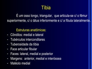 Tíbia
       É um osso longo, triangular, que articula-se c/ o fêmur
superiormente, c/ o tálus inferiormente e c/ a fíbula lateralmente.

        Estruturas anatômicas:
-   Côndilos: medial e lateral
-   Tubérculos intercondilares
-   Tuberosidade da tíbia
-   Face articular fibular
-   Faces: lateral, medial e posterior
-   Margens: anterior, medial e interóssea
-   Maléolo medial
 