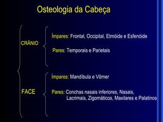 Osteologia da Cabeça

           Ímpares: Frontal, Occipital, Etmóide e Esfenóide
CRÂNIO
           Pares: Temporais e Parietais



          Ímpares: Mandíbula e Vômer

FACE       Pares: Conchas nasais inferiores, Nasais,
                  Lacrimais, Zigomáticos, Maxilares e Palatinos
 