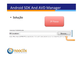 Android	
  SDK	
  And	
  AVD	
  Manager	
  

•  Solução	
  
                                 3º	
  Passo	
  
 