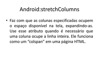 Android:stretchColumns
• Faz com que as colunas especificadas ocupem
o espaço disponível na tela, expandindo-as.
Use esse atributo quando é necessário que
uma coluna ocupe a linha inteira. Ele funciona
como um “colspan” em uma página HTML.
 