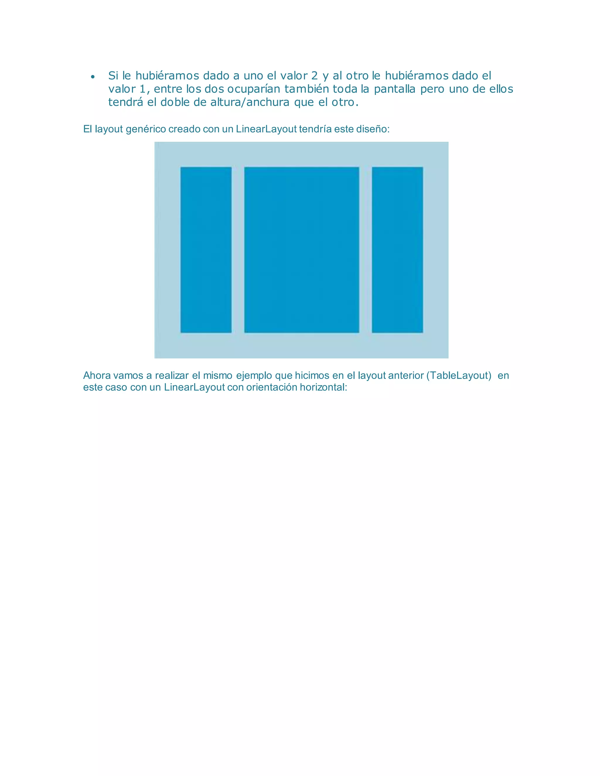  Si le hubiéramos dado a uno el valor 2 y al otro le hubiéramos dado el
valor 1, entre los dos ocuparían también toda la pantalla pero uno de ellos
tendrá el doble de altura/anchura que el otro.
El layout genérico creado con un LinearLayout tendría este diseño:
Ahora vamos a realizar el mismo ejemplo que hicimos en el layout anterior (TableLayout) en
este caso con un LinearLayout con orientación horizontal:
 
