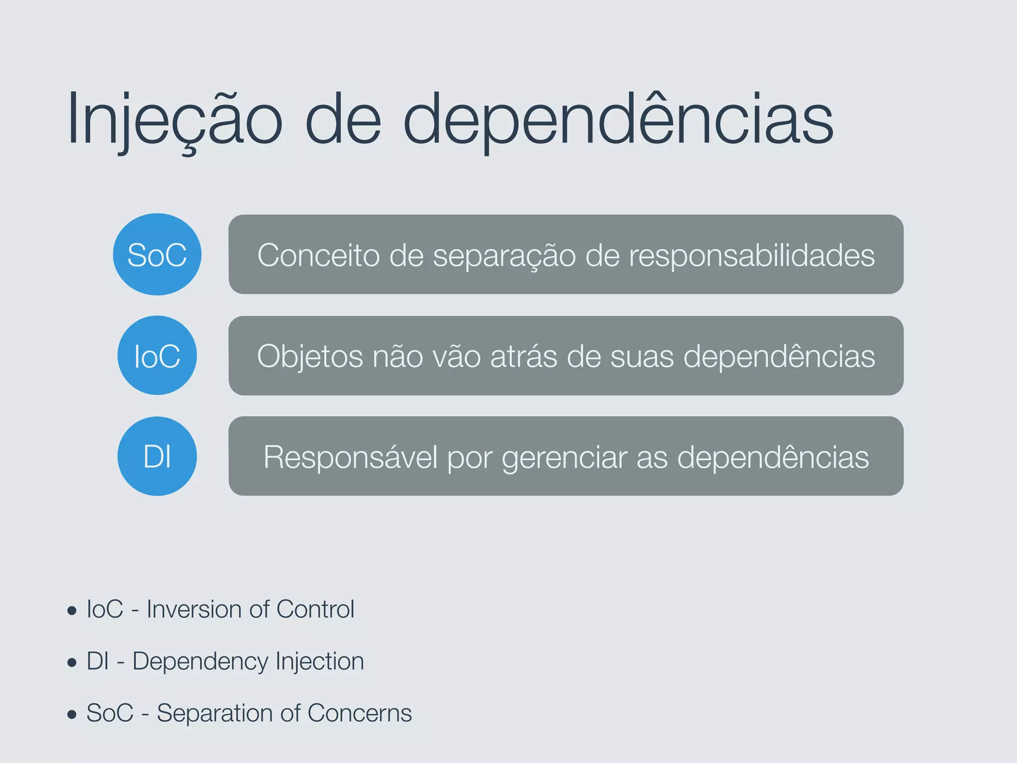 Injeção de dependências
• IoC - Inversion of Control
• DI - Dependency Injection
• SoC - Separation of Concerns
IoC
DI
SoC
Objetos não vão atrás de suas dependências
Responsável por gerenciar as dependências
Conceito de separação de responsabilidades
 