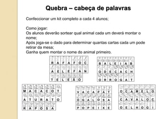 Quebra – cabeça de palavras
Confeccionar um kit completo a cada 4 alunos;
Como jogar:
Os alunos deverão sortear qual animal cada um deverá montar o
nome;
Após joga-se o dado para determinar quantas cartas cada um pode
retirar da mesa;
Ganha quem montar o nome do animal primeiro.
 