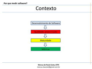 Por que medir software?ContextoDesenvolvimento de SoftwareQualidade, prazo e custoMaturidadeMétricas
