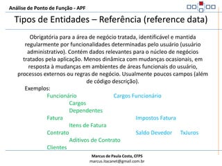 Análise de Ponto de Função - APFCaracterísticasÉ obrigatório para a operação da área funcional do usuárioÉ identificável e mantido pelo usuário de negócioArmazena o Dado Principal do usuário para apoiar as transações do negócioÉ muito dinâmico, ou seja, as operações normais do negócio os induzem a ser regularmente referenciado e usualmente adicionado, alterado ou excluídoComo característica física possui campos de chave e geralmente muitos atributos, e pode conter de zero a infinitos registrosTipos de Entidades – Negócio (bussiness data)