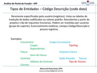 Análise de Ponto de Função - APFTipos de Entidades – Referência (reference data)CaracterísticasÉ obrigatória para a área funcional do usuárioÉ identificável pelo usuárioGeralmente é mantida pelo usuário (geralmente usuário administrativo)Geralmente construída quando a aplicação é inicialmente implantada e é mantida intermitentementeArmazena os dados para apoiar as atividades principais do usuárioÉ menos dinâmica, ou seja, ocasionalmente se altera com as mudanças nas áreas funcionais, nos processos externos funcionais e/ou nas regras de negocioTransações que processam dados de negócio frequentemente necessitam acessar os dado de referênciaComo característica física, possui campos de chave e alguns atributos, e geralmente contém ao menos um registro ou um número limitado de registros