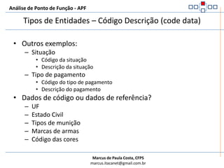 Análise de Ponto de Função - APFCaracterísticasÉ essencialmente estático, ou seja, somente se altera com as mudanças decorrentes da operação do negócioTransações de negócio acessam os Dados de Código para melhorar e facilitar a entrada de dados, melhorar a consistência dos dados, assegurar a integridade dos dados, etc.;Como característica física contém campo de chave e geralmente apenas um ou dois atributos; tipicamente contém um número estável de registros, pode representar 50% de todas as entidades na terceira forma normal; algumas vezes “desnormalizada” é colocada em uma tabela física com outros Dados de Código; pode ser implementado de diferentes maneiras, tais como: em aplicações separadas, dicionário de dados, ou HARD-CODED no software.Tipos de Entidades – Código Descrição (code data)