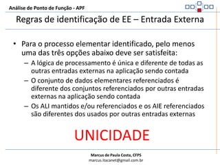 Análise de Ponto de Função - APFRegras de identificação de EE – Entrada ExternaAo menos um ALI deve ser mantido se os dados, entrando pela fronteira da aplicação, não forem informações de controle (que alteram o comportamento do sistema).1.1Fronteira da AplicaçãoInserir Produto1.2UsuárioConsultar ProdutoEEProdutos1.3Saldo de ProdutoALI