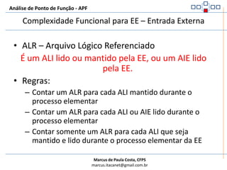 Análise de Ponto de Função - APFComplexidade Funcional para EE – Entrada ExternaDER – Dado Elementar ReferenciadoÉ um campo único, não repetitivo, reconhecido pelo usuárioRegras:Contar um DER para cada campo referenciado, único, não repetitivo, reconhecido pelo usuário que cruze a fronteira da aplicação e seja requerido para realizar a Entrada ExternaNão contar campos que são recuperados ou derivados pelo sistema e armazenados em um ALI durante um processo elementar de uma EE, se este campo não cruzar a fronteira da aplicaçãoDeve ser contado um DER pela capacidade do sistema em mandar uma mensagem para fora da fronteira da aplicação a fim de indicar um erro ocorrido durante o processo, confirmar um processamento ou indicar que um processamento deve continuarDeve ser contado um DER pela habilidade da aplicação em especificar uma ação a ser tomada, mesmo se existirem múltiplos métodos de invocar o mesmo processo lógico (ex.: linha de comando, teclas, botões, etc.)