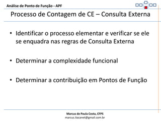 Análise de Ponto de Função - APFRegras de identificação de CE – Consulta ExternaO processo elementar abaixo somente recupera dados de um ALI e apresenta ao usuário.1.1Fronteira da AplicaçãoInserir Produto1.2UsuárioConsultar ProdutoProdutos1.3Saldo de ProdutoCEALI -> ALR