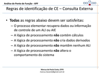 Análise de Ponto de Função - APFProcesso de Contagem de CE – Consulta ExternaIdentificar o processo elementar e verificar se ele se enquadra nas regras de Consulta ExternaDeterminar a complexidade funcionalDeterminar a contribuição em Pontos de Função