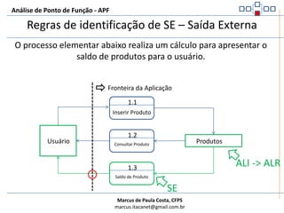 Análise de Ponto de Função - APFDefinição de SE – Saída ExternaÉ um processo elementar que apresenta dados ou informação de controle para fora da fronteira da aplicaçãoA intenção primária de uma Consulta Externa é apresentar informações ao usuário, por meio de um processamento lógico diferente de, e em adição a, uma recuperação de dados ou informação de controleA lógica de processamento deve conter ao menos uma fórmula ou cálculo  matemático ou criar dados derivadosUma Saída Externa pode também manter um ou mais ALIs ou alterar o comportamento do sistemaExemplo:O usuário solicitou um relatório contendo, além das informações básicas de funcionários (nome, endereço, telefone, matrícula, etc.) um cálculo do tempo de casa de cada um deles. O relatório inclusive, deve ser classificado em ordem descendente pelo calor de cálculo de tempo de casa.Para APF existe 1 Saída Externa, pois apresenta cálculo no relatório apresentado.
