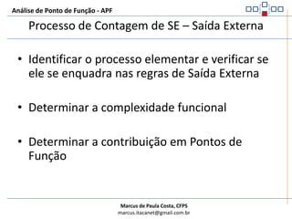 Análise de Ponto de Função - APFRegras de identificação de SE – Saída ExternaO processo elementar abaixo realiza um cálculo para apresentar o saldo de produtos para o usuário.1.1Fronteira da AplicaçãoInserir Produto1.2UsuárioConsultar ProdutoProdutos1.3Saldo de ProdutoALI -> ALRSE