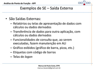 Análise de Ponto de Função - APFRegras de identificação de SE – Saída ExternaPara o processo elementar identificado, pelo menos uma das três opções abaixo deve ser satisfeita:A lógica de processamento é única e diferente de todas as outras saídas externas na aplicação sendo contadaO conjunto de dados elementares referenciados é diferente dos conjuntos referenciados por outras consultas externas na aplicação sendo contadaOs ALI ou AIE referenciados são diferentes dos usados por outras saídas externasUNICIDADE