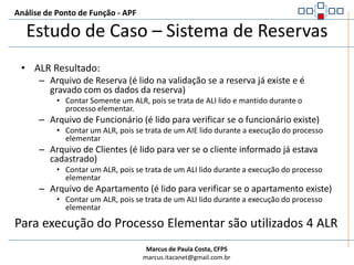 Análise de Ponto de Função - APFEstudo de Caso – Sistema de ReservasRegras de Validação para que a inclusão ocorra:Se a reserva já existe (o sistema deve verificar se já existe uma reserva com o número digitado)Verificar se o funcionário está cadastrado (é verificado no repositório de funcionário do sistema de Pessoal)Verificar se o cliente está cadastrado (é verificado no repositório de cliente)Validar a data da reserva (é verificado no repositório de reservas se já existe uma reserva para esse período para o número do apartamento informado)Verificar se o apartamento existe (é verificado se o número do apartamento informado existe no repositório de apartamento)