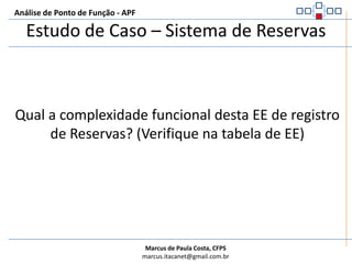 Análise de Ponto de Função - APFEstudo de Caso – Sistema de ReservasDERs Resultado:Número da ReservaMatrícula do FuncionárioCódigo do ClienteData da ReservaPeríodo InícioPeríodo FimTipo AptoPessoaNúmero do ApartamentoSão utilizados 4 ALR e 9 DERs na Tela + 1 CCA + 1 CEM = 11 DER