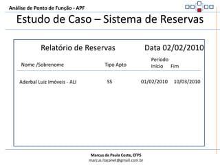 Análise de Ponto de Função - APFEstudo de Caso – Sistema de ReservasO próximo exemplo é o relatório de reservasDesconsiderar os campos de filtro apenas considerar as informações do relatórioO sistema apenas recupera as informações do repositório de reservas