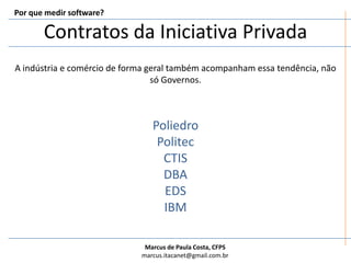 Contratos da Iniciativa PrivadaPor que medir software?A indústria e comércio de forma geral também acompanham essa tendência, não só Governos.PoliedroPolitecCTISDBAEDSIBM