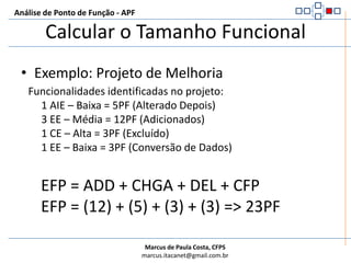 Análise de Ponto de Função - APFCalcular o Tamanho FuncionalExemplo: Iniciar a contagem da aplicação após um projeto de desenvolvimentoFuncionalidades identificadas no projeto de desenvolvimento:     2 ALI – Baixa = 14PF     1 AIE – Baixa = 5PF     10 EE – Média = 40PF     6 CE – Alta = 36PF     4 SE – Média = 20PF     5 EE – Baixa = 15PF (Conversão de Dados não são levadas em consideração)AFP = ADDAFP = (14+5+40+36+20) => 115PF