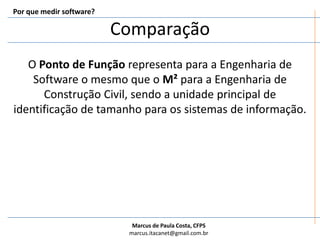 ComparaçãoPor que medir software?O Ponto de Função representa para a Engenharia de Software o mesmo que o M² para a Engenharia de Construção Civil, sendo a unidade principal de identificação de tamanho para os sistemas de informação. 