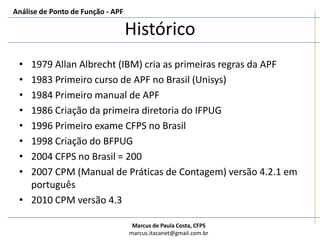 Histórico1979 Allan Albrecht (IBM) cria as primeiras regras da APF1983 Primeiro curso de APF no Brasil (Unisys)1984 Primeiro manual de APF1986 Criação da primeira diretoria do IFPUG1996 Primeiro exame CFPS no Brasil1998 Criação do BFPUG2004 CFPS no Brasil = 2002007 CPM (Manual de Práticas de Contagem) versão 4.2.1 em português2010 CPM versão 4.3Análise de Ponto de Função - APF
