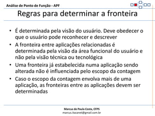 Exemplo de Posicionamento de FronteiraAnálise de Ponto de Função - APFExemplo A:Sistema de Folha de PagamentoSistema de Recursos HumanosExemplo B:Sistema de Gestão de Recursos HumanosMódulo de Recrutamento e SeleçãoMódulo de Plano de SaúdeMódulo de Folha de Pagamento