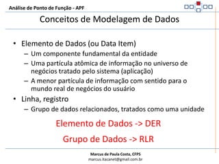 Análise de Ponto de Função - APFConceitos de Modelagem de DadosEntidadeÉ um grupo de dados sobre o qual a informação é coletada (pessoa, lugares, coisas, eventos, etc.)Podem ser instanciadasÉ algo fundamental e relevante para o usuário manter um conjunto de informaçõesUma associação entre entidades pode conter seus próprios atributosEnvolve informações ou representações de coisas similares, que compartilham características ou propriedadesEntidade -> Arquivo lógico